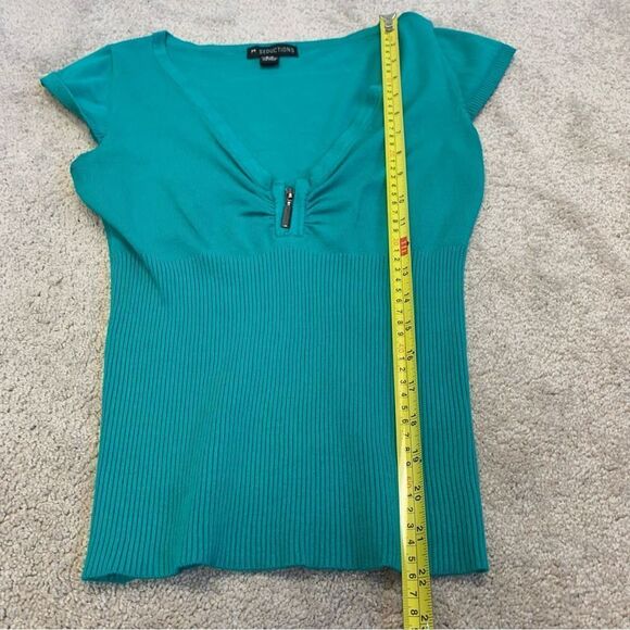 Teal green short sleeve V-neck zip front knit sweater Sz S - Picture 6 of 8